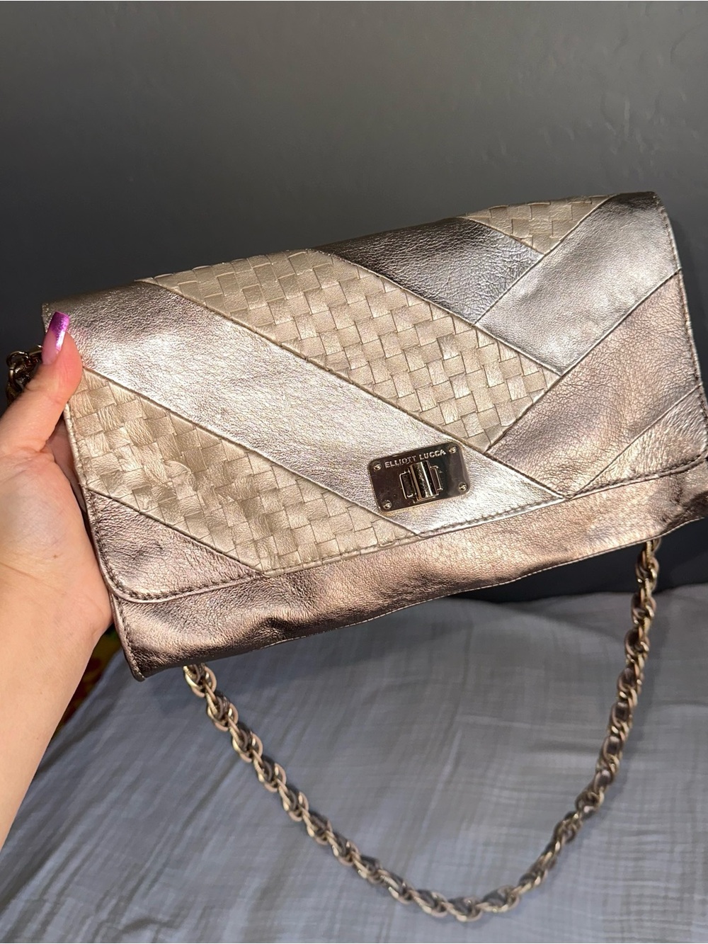 Elliott Lucca Metallic Woven Leather Shoulder Clutch - champagne gold
